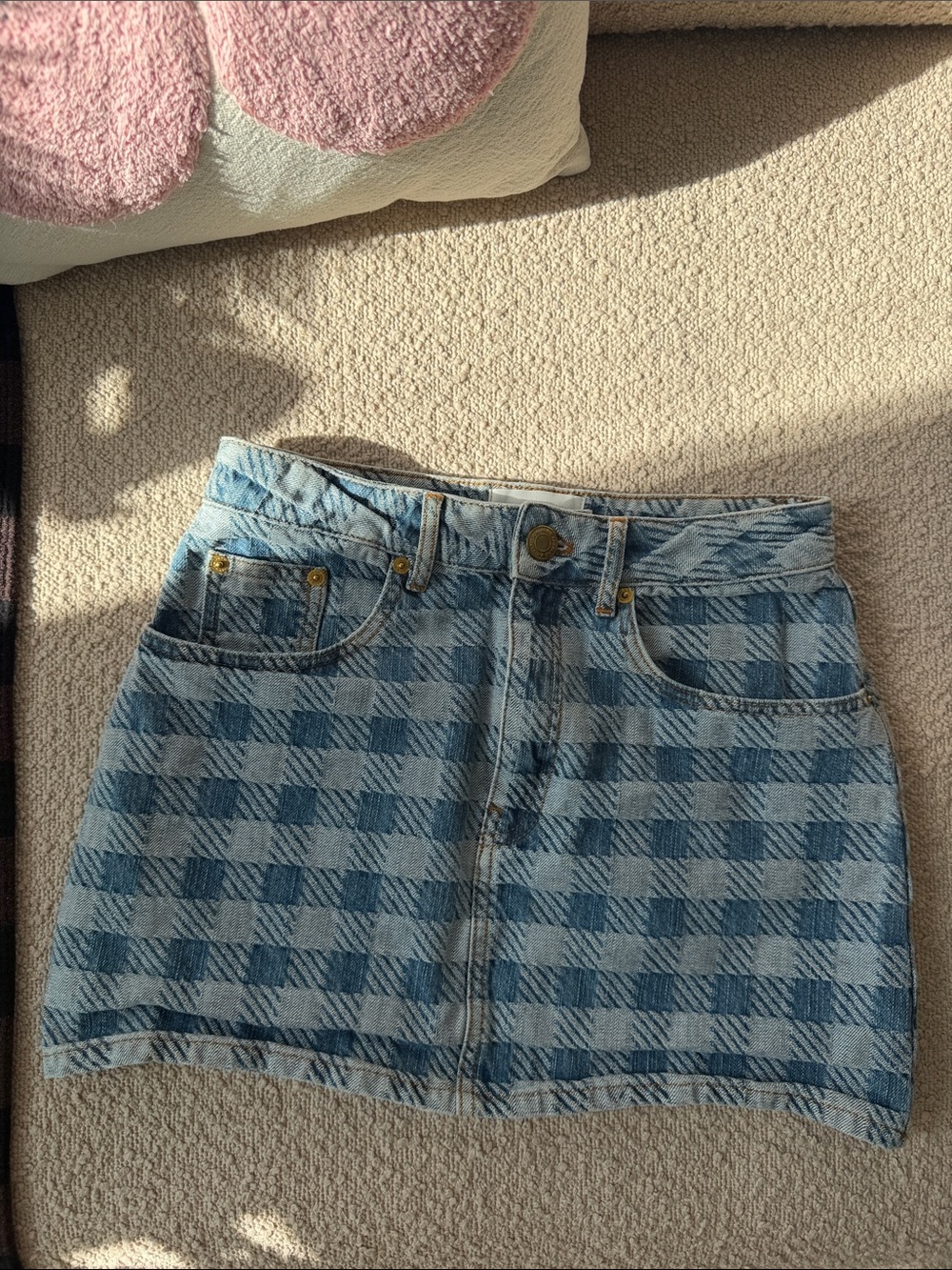 Ami Paris Houndstooth Light Blue Denim Mini Skirt